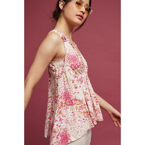 Anthropologie Maeve Small Pink V-Neck Bretta Gathered Back Sleeveless Ruffle Top - Picture 2 of 12